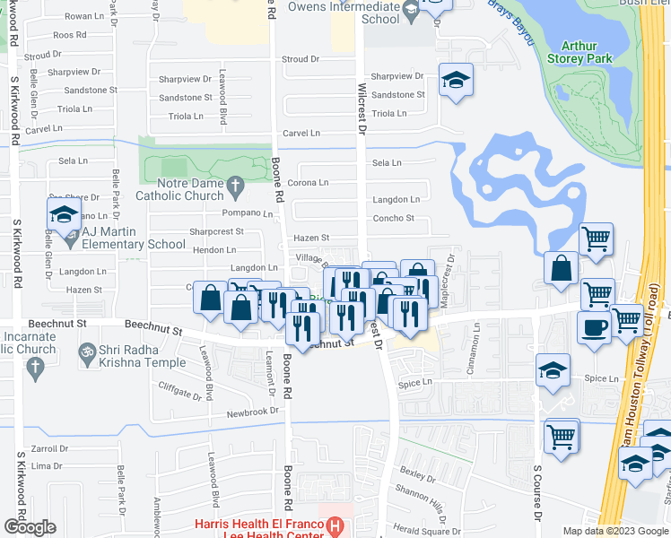 map of restaurants, bars, coffee shops, grocery stores, and more near 10932 Village Bend Lane in Houston
