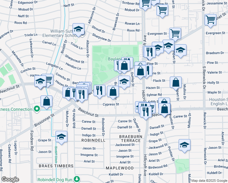map of restaurants, bars, coffee shops, grocery stores, and more near 8128 Braewick Drive in Houston