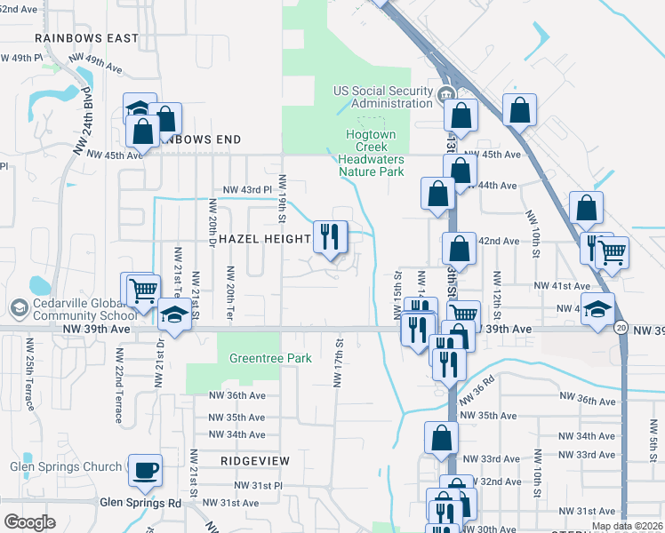 map of restaurants, bars, coffee shops, grocery stores, and more near 4044 Northwest 17 Terrace in Gainesville