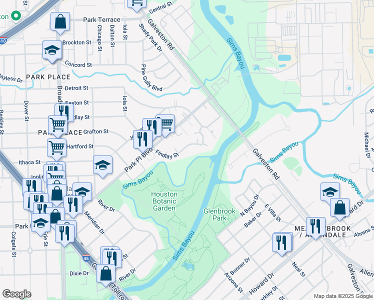 map of restaurants, bars, coffee shops, grocery stores, and more near 8526 Findlay Street in Houston