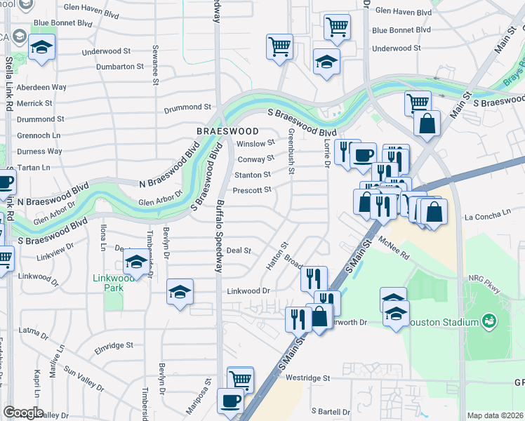 map of restaurants, bars, coffee shops, grocery stores, and more near 3015 Fairhope Street in Houston
