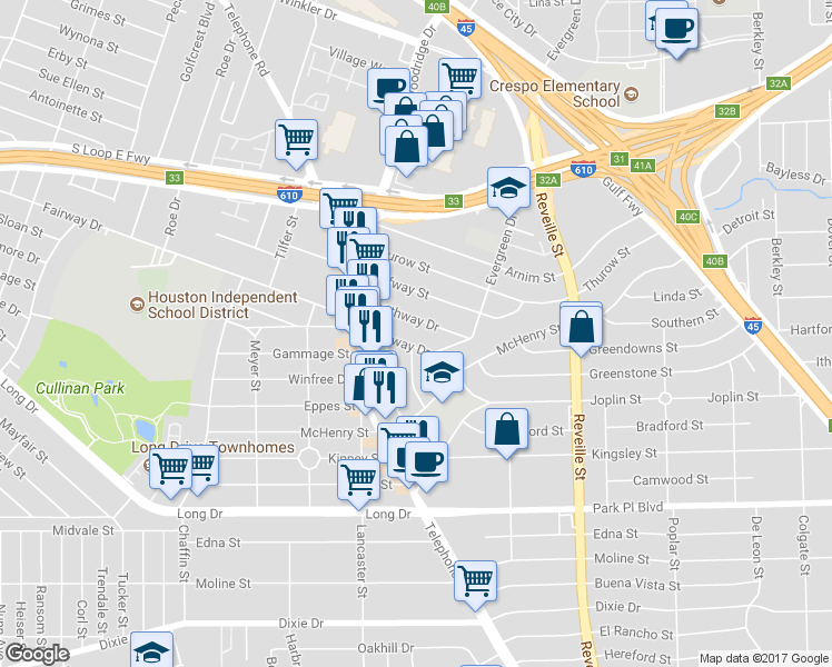 map of restaurants, bars, coffee shops, grocery stores, and more near 7315 Southway Drive in Houston
