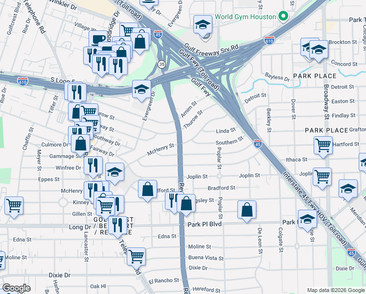 map of restaurants, bars, coffee shops, grocery stores, and more near 3601 Reveille Street in Houston