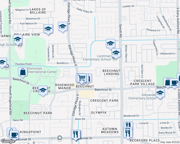 map of restaurants, bars, coffee shops, grocery stores, and more near 13519 Beech Ridge Lane in Houston