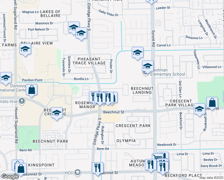 map of restaurants, bars, coffee shops, grocery stores, and more near 13519 Beech Ridge Lane in Houston