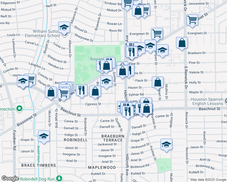 map of restaurants, bars, coffee shops, grocery stores, and more near 5802 Maple Street in Houston