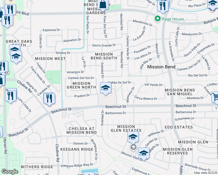 map of restaurants, bars, coffee shops, grocery stores, and more near 16218 Canario Drive in Houston