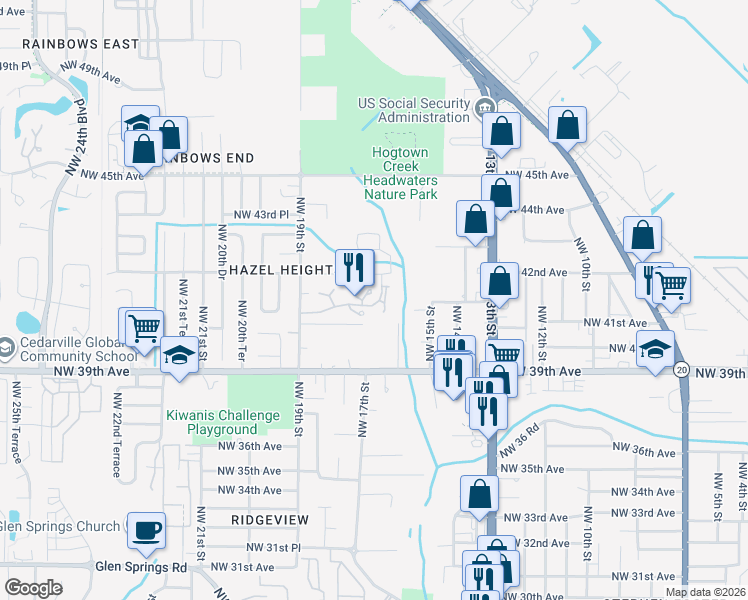 map of restaurants, bars, coffee shops, grocery stores, and more near 4056 Northwest 16th Terrace in Gainesville