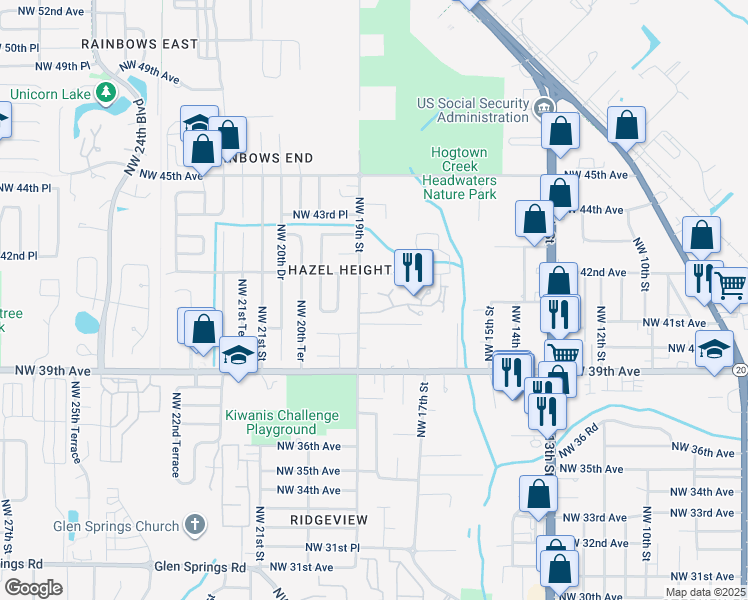 map of restaurants, bars, coffee shops, grocery stores, and more near 4132 Northwest 18th Drive in Gainesville