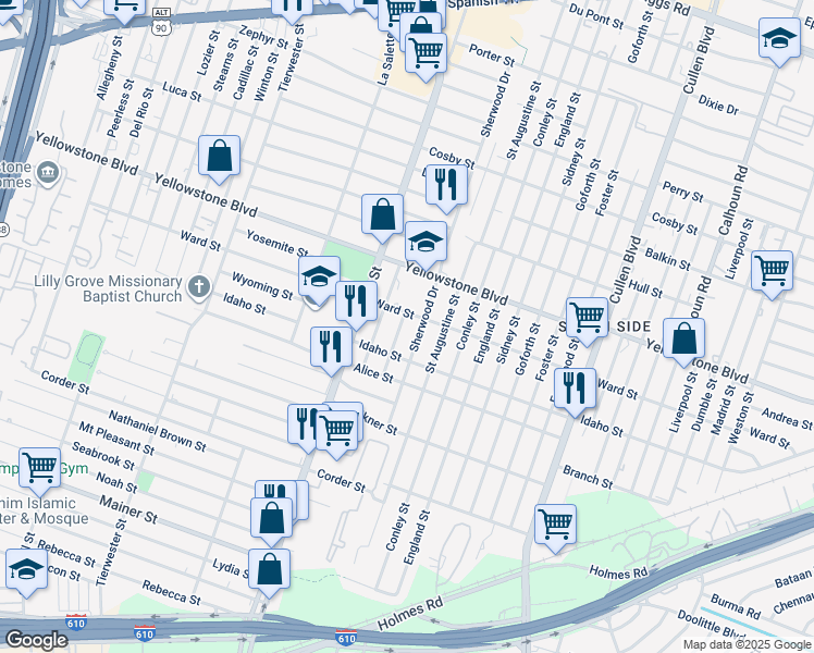 map of restaurants, bars, coffee shops, grocery stores, and more near 6820 Beachwood Street in Houston
