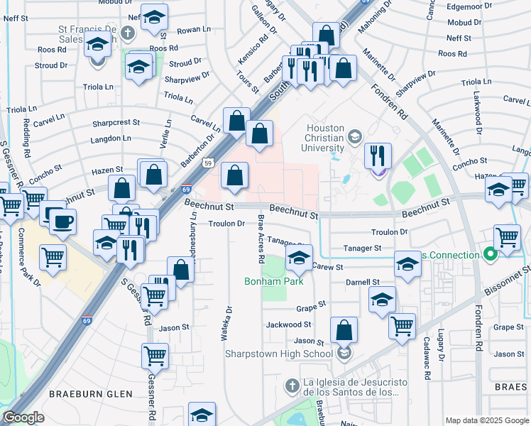 map of restaurants, bars, coffee shops, grocery stores, and more near 7630 Troulon Drive in Houston