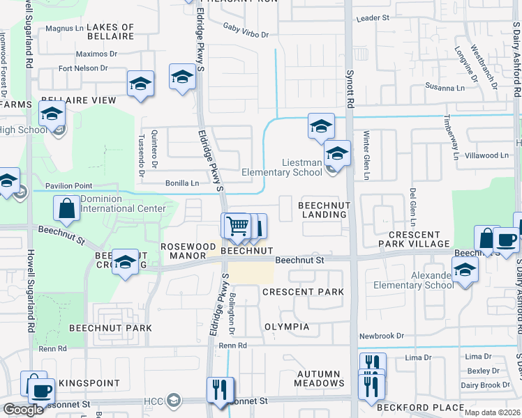map of restaurants, bars, coffee shops, grocery stores, and more near 13519 Beech Ridge Lane in Houston