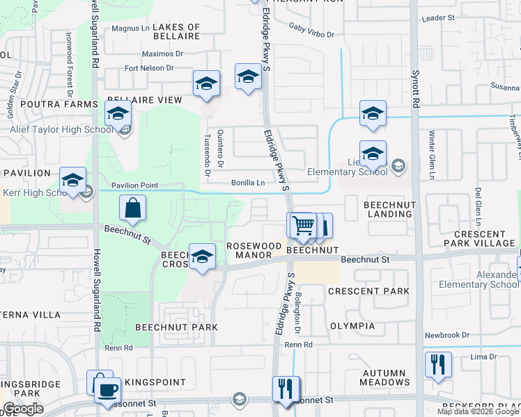 map of restaurants, bars, coffee shops, grocery stores, and more near Wild Rose Street in Houston