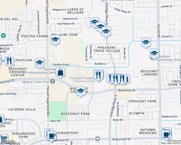 map of restaurants, bars, coffee shops, grocery stores, and more near 13802 Canyon Hill Street in Houston