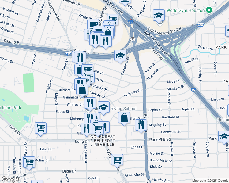 map of restaurants, bars, coffee shops, grocery stores, and more near 7493 Southway Drive in Houston