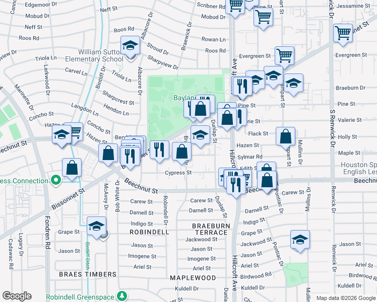 map of restaurants, bars, coffee shops, grocery stores, and more near 5902 Maple Street in Houston