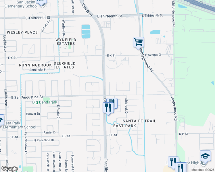 map of restaurants, bars, coffee shops, grocery stores, and more near 2225 Trinity Park Court in Deer Park