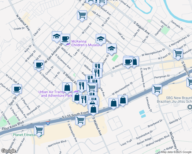 map of restaurants, bars, coffee shops, grocery stores, and more near 880 Interstate 35 Business Loop in New Braunfels