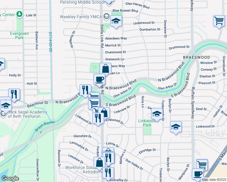 map of restaurants, bars, coffee shops, grocery stores, and more near 3850 Glen Arbor Drive in Houston