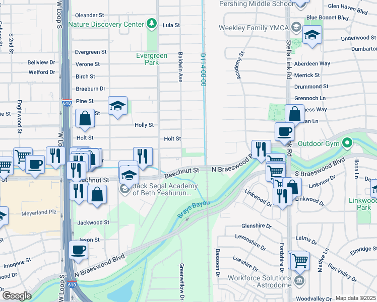 map of restaurants, bars, coffee shops, grocery stores, and more near 4315 Lafayette Street in Bellaire