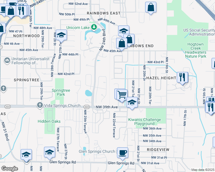 map of restaurants, bars, coffee shops, grocery stores, and more near 4109 Northwest 23rd Terrace in Gainesville