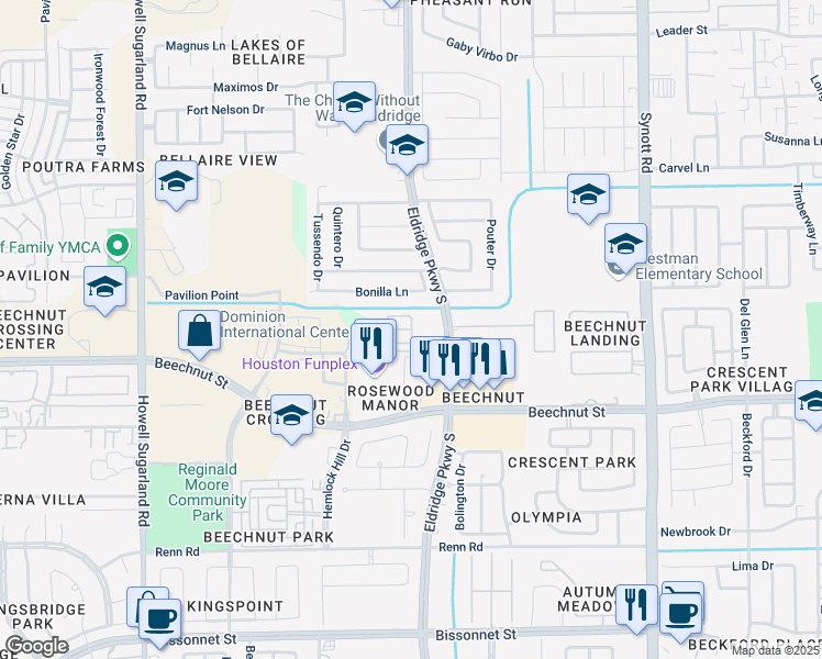 map of restaurants, bars, coffee shops, grocery stores, and more near Wild Rose Street in Houston