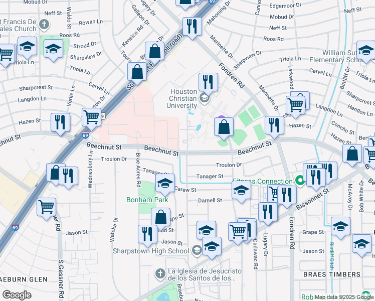 map of restaurants, bars, coffee shops, grocery stores, and more near 7490 Beechnut St in Houston