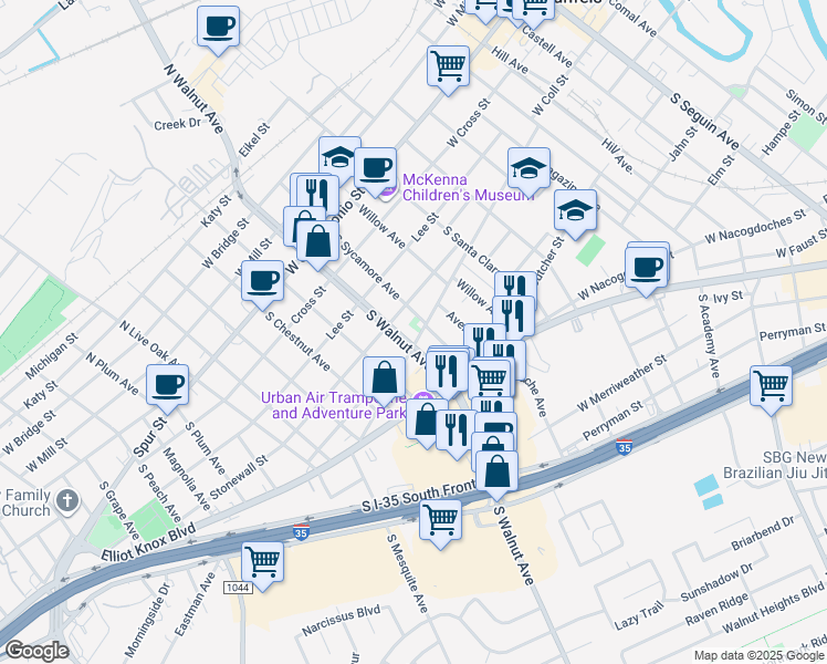 map of restaurants, bars, coffee shops, grocery stores, and more near 1073 West Coll Street in New Braunfels