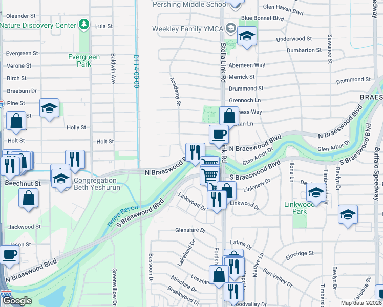 map of restaurants, bars, coffee shops, grocery stores, and more near 4065 North Braeswood Boulevard in Houston