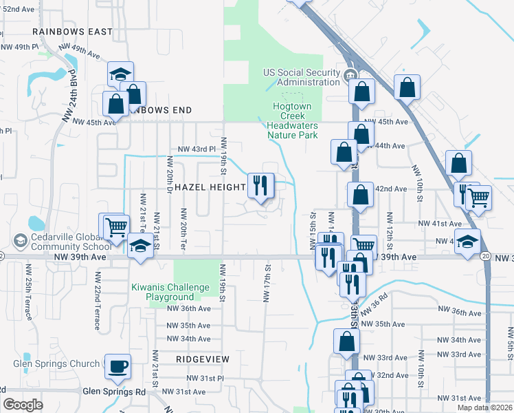 map of restaurants, bars, coffee shops, grocery stores, and more near 4044 Northwest 17 Terrace in Gainesville