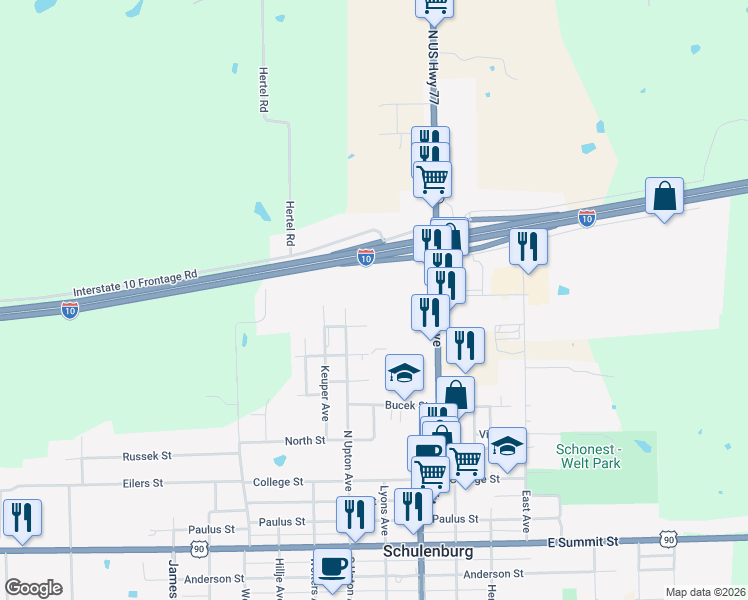 map of restaurants, bars, coffee shops, grocery stores, and more near 501 Mish Mash Mall Lane in Schulenburg