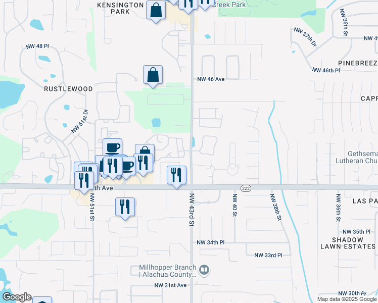 map of restaurants, bars, coffee shops, grocery stores, and more near 4100 Northwest 43rd Street in Gainesville