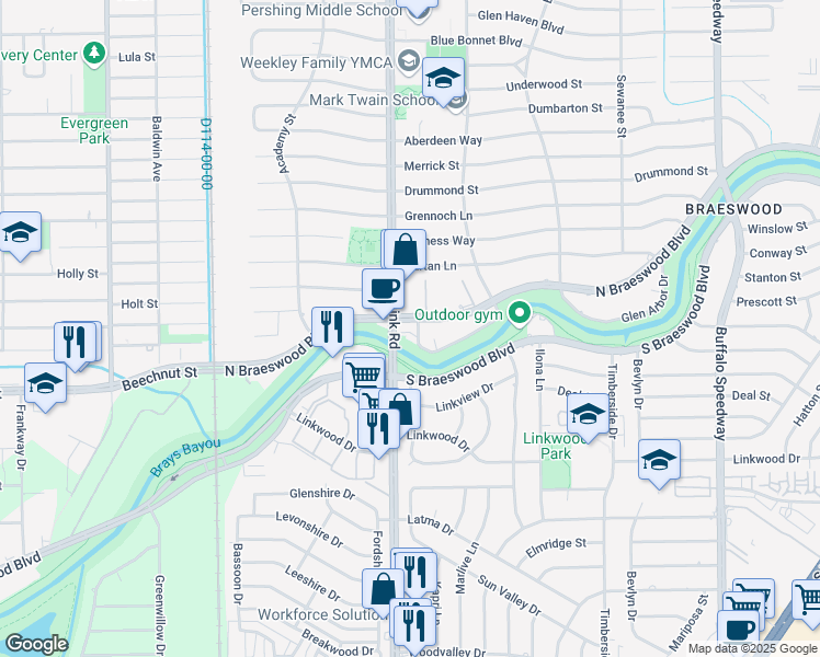 map of restaurants, bars, coffee shops, grocery stores, and more near 3850 Glen Arbor Drive in Houston
