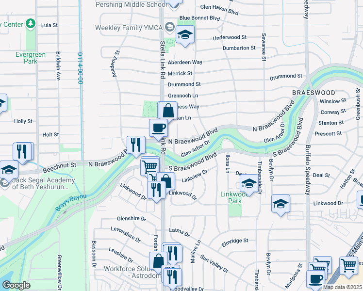 map of restaurants, bars, coffee shops, grocery stores, and more near 3850 Glen Arbor Drive in Houston