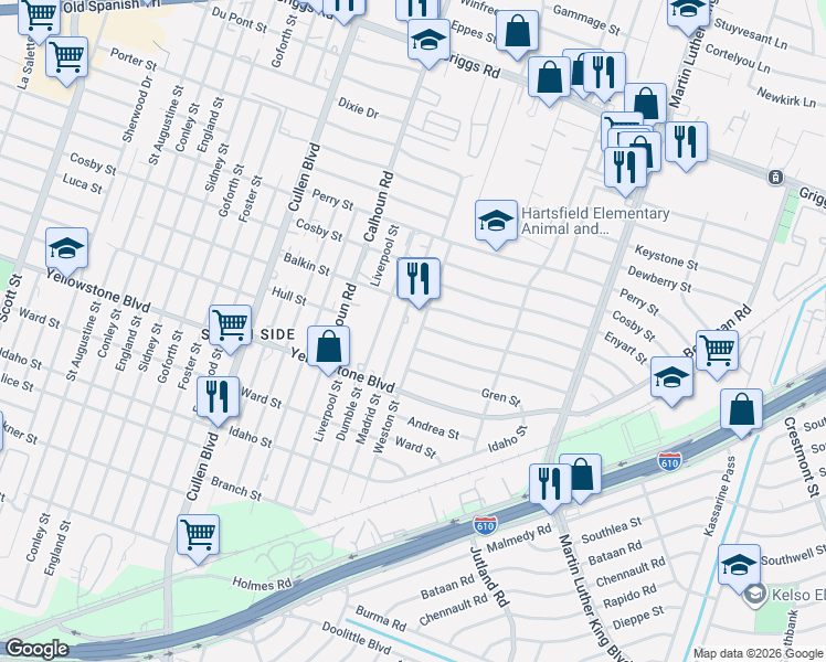 map of restaurants, bars, coffee shops, grocery stores, and more near 4903 Hull Street in Houston