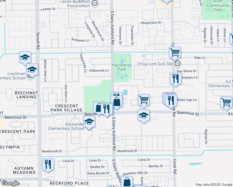 map of restaurants, bars, coffee shops, grocery stores, and more near 12627 Crystal Rock Court in Houston