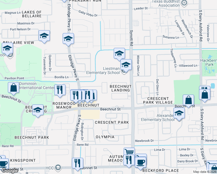 map of restaurants, bars, coffee shops, grocery stores, and more near 13335 Boxwood Terrace Drive in Houston