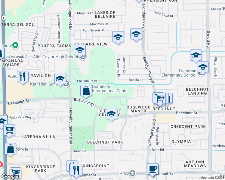 map of restaurants, bars, coffee shops, grocery stores, and more near 13830 Canyon Hill Street in Houston