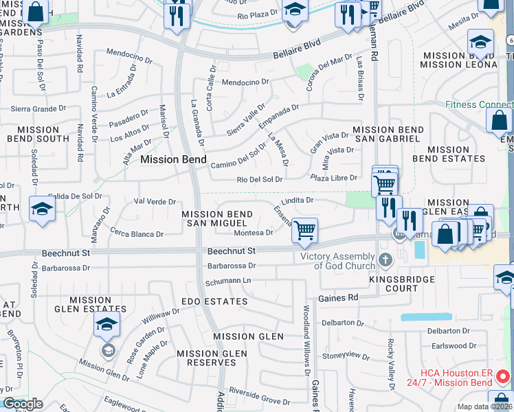 map of restaurants, bars, coffee shops, grocery stores, and more near 8002 La Brea Drive in Houston