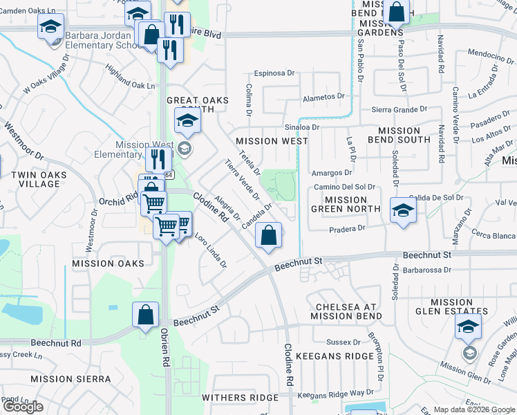 map of restaurants, bars, coffee shops, grocery stores, and more near 7635 Sorbete Drive in Houston
