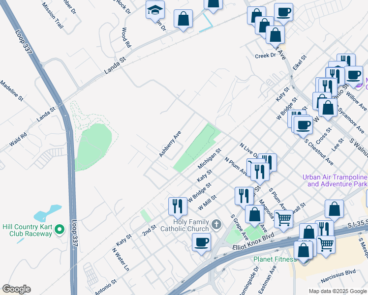 map of restaurants, bars, coffee shops, grocery stores, and more near 1133 Morning Glory Circle in New Braunfels