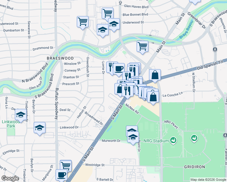 map of restaurants, bars, coffee shops, grocery stores, and more near 8610 South Main Street in Houston