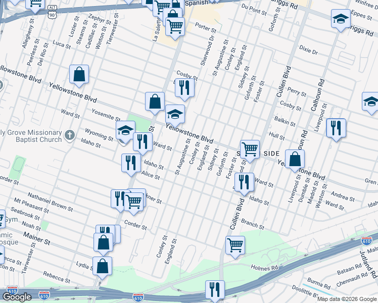 map of restaurants, bars, coffee shops, grocery stores, and more near 6727 Conley Street in Houston