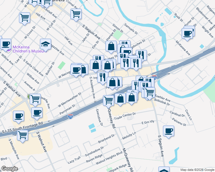 map of restaurants, bars, coffee shops, grocery stores, and more near 243 Perryman Street in New Braunfels