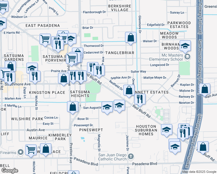 map of restaurants, bars, coffee shops, grocery stores, and more near 3201 Red Bluff Road in Pasadena
