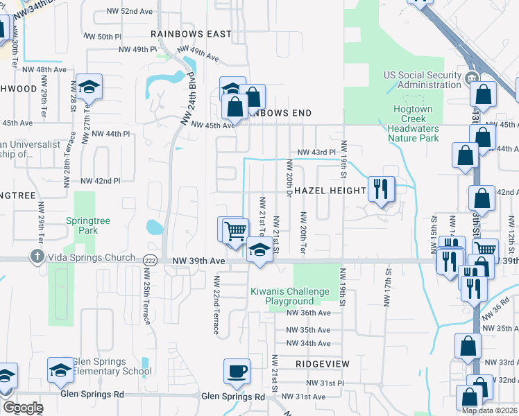 map of restaurants, bars, coffee shops, grocery stores, and more near 4102 Northwest 21st Terrace in Gainesville