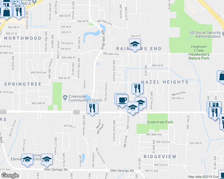 map of restaurants, bars, coffee shops, grocery stores, and more near 2263 Northwest 41st Place in Gainesville