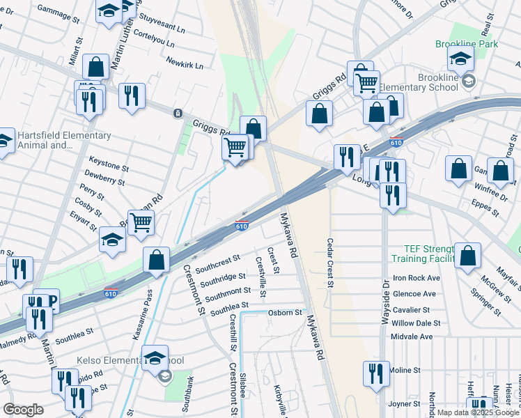 map of restaurants, bars, coffee shops, grocery stores, and more near 6039 South Loop East Freeway in Houston