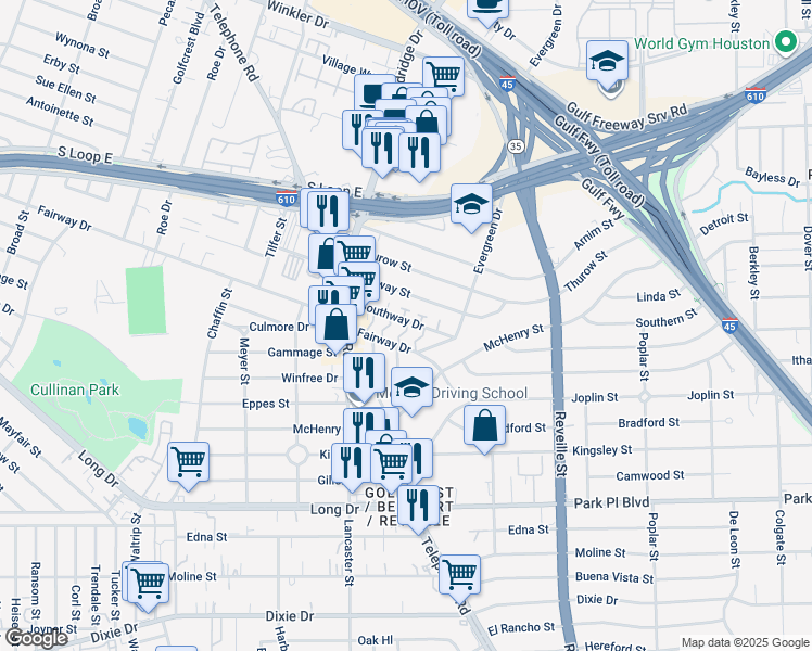 map of restaurants, bars, coffee shops, grocery stores, and more near 7383 Fairway Drive in Houston