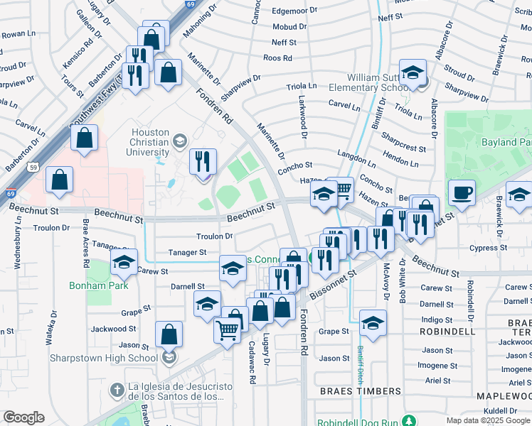 map of restaurants, bars, coffee shops, grocery stores, and more near 7114 Troulon Drive in Houston